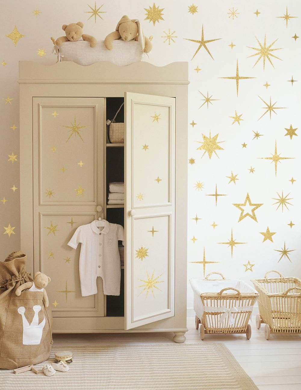 Sparkle Star Wall Decals (147 Count) Sparkle Wall Decals Gold Star Decals Bedroom Wall Decals Removable Peel and Stick Wall Decals, Vintage Gold