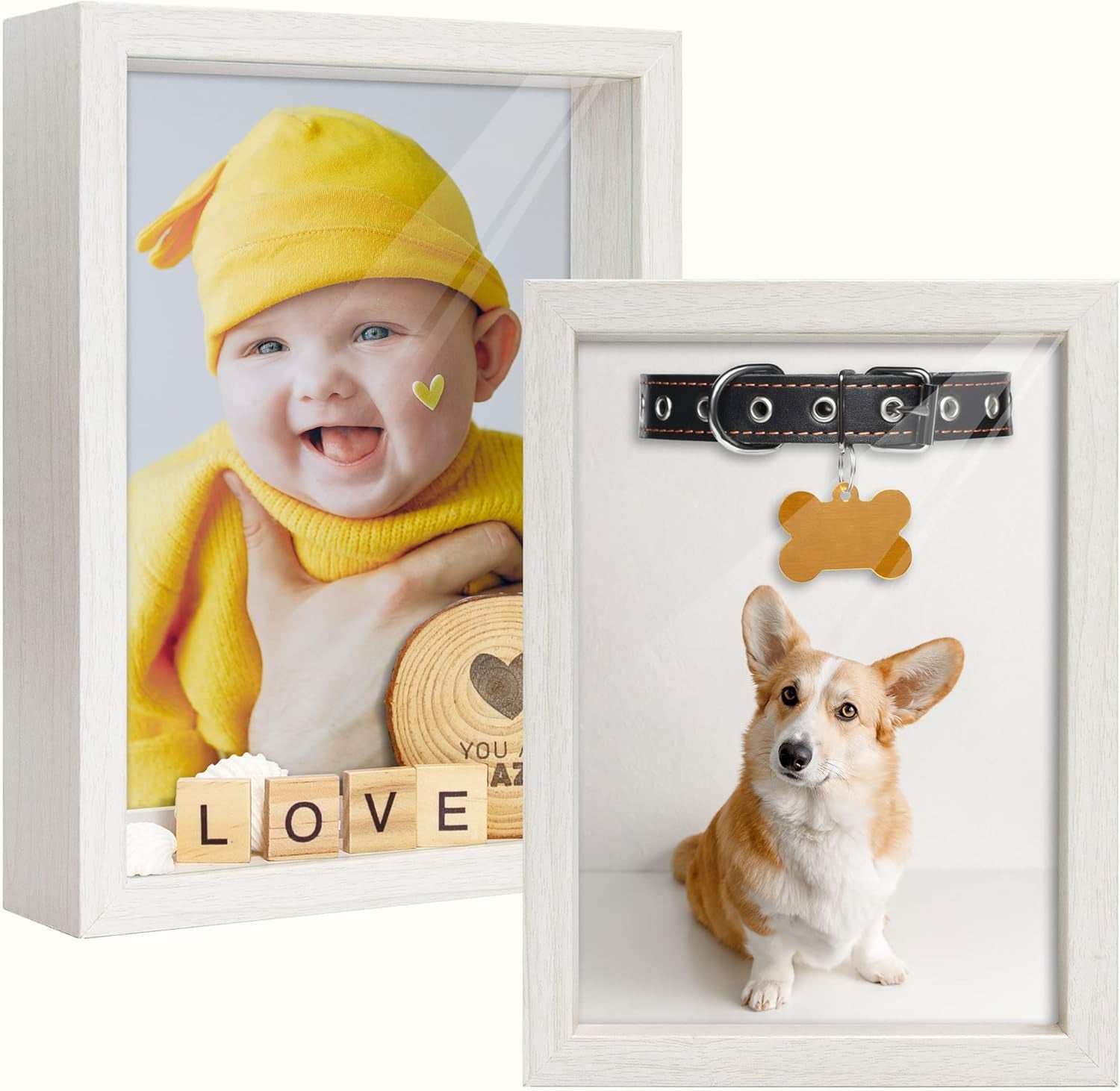 Shadow Box Frame 5X7 6X8, Pet Memorial Shadow Box, Deep Display Cases White 5X7 Picture Frames Desk Wall Mount Wooden, Birthday Wedding Gift for Family Friends, Set of 2