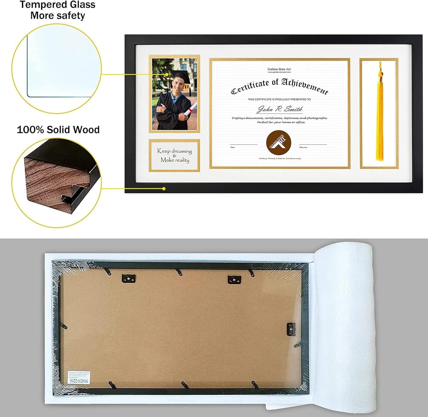 , Wood Diploma Tassel Shadow Box 11X22 Frame for 8.5X11 Document/Certificate & 4X6 Photo, with Double Mat (White over Gold), Tassel Holder & Real Glass, Black