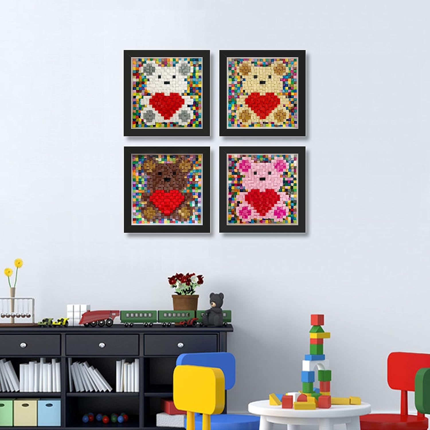 Building Toy Kits Puzzle Bricks Creative Collectible Building Sets Stunning Wall Art and Crafts Love Bear Gift for Valentine'S Day Birthday Anniversary(Heart & Bear-Pink,Black Frame)