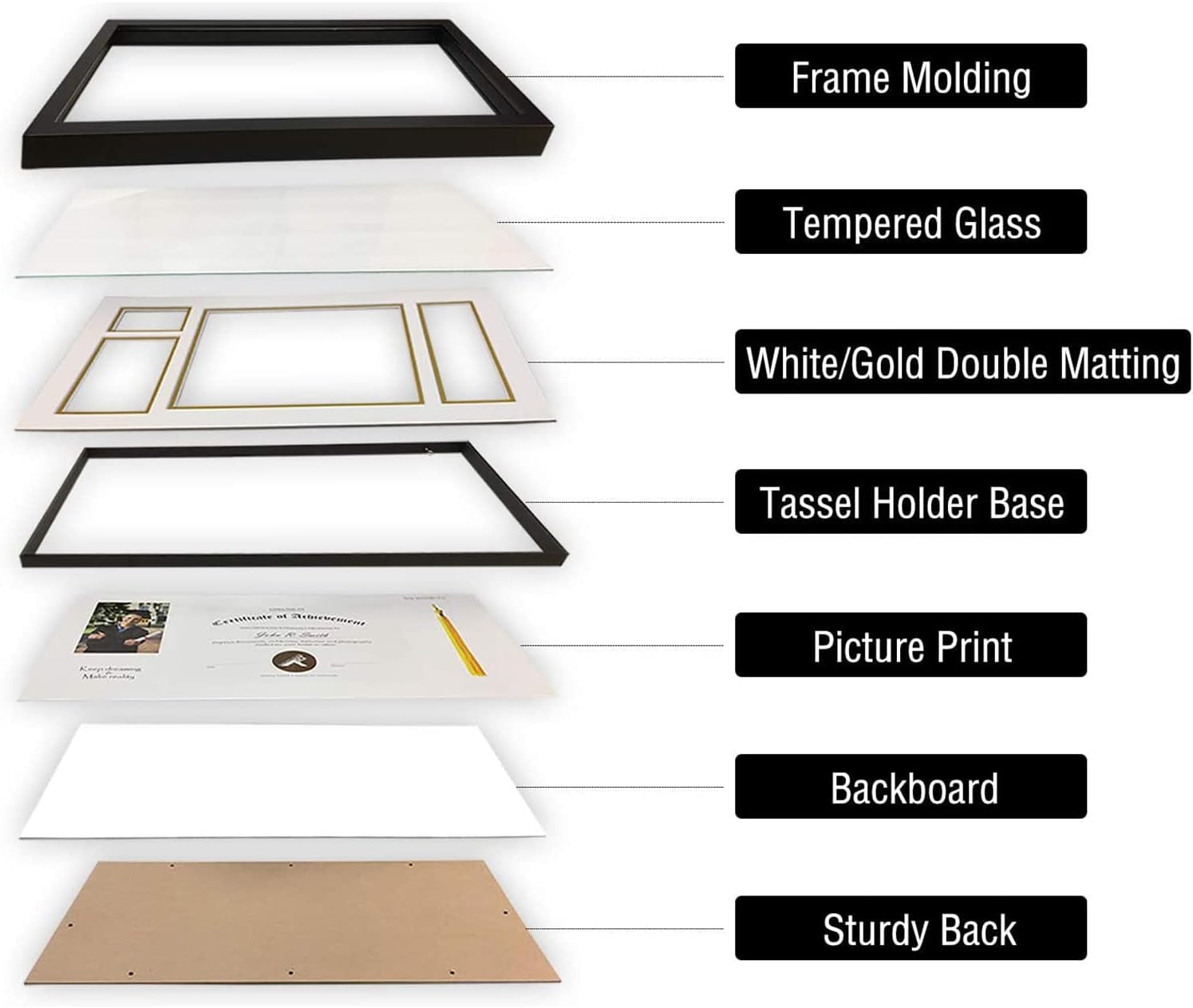 , Wood Diploma Tassel Shadow Box 11X22 Frame for 8.5X11 Document/Certificate & 4X6 Photo, with Double Mat (White over Gold), Tassel Holder & Real Glass, Black