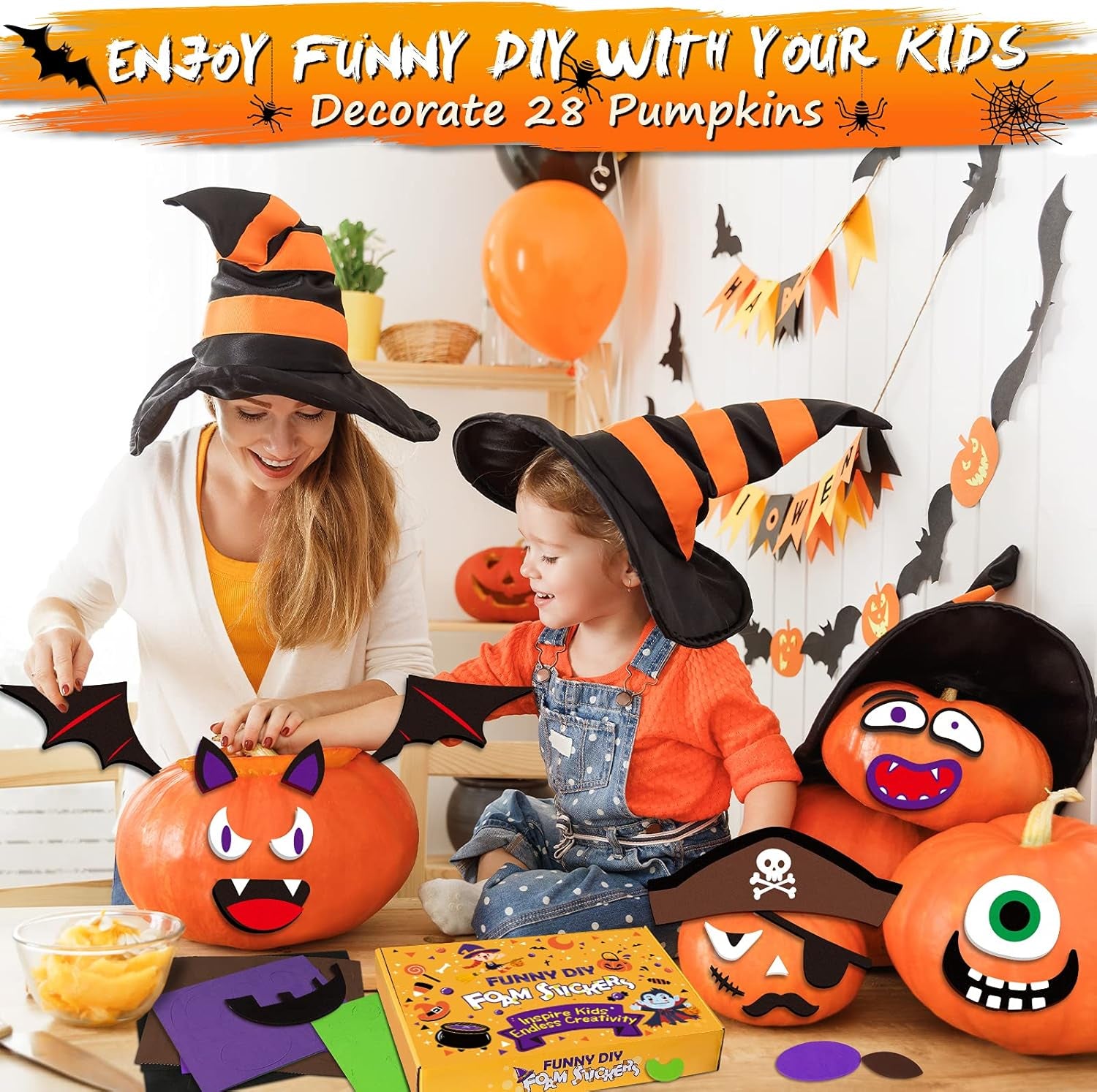 Pumpkin Decorating Kit Foam Stickers - Halloween Pumpkin Face Stickers Decorations for Kids 14 Designs Make 28 Pumpkins DIY 3D Crafts Kits Halloween Birthday Gifts for Kids Toddlers No Carving