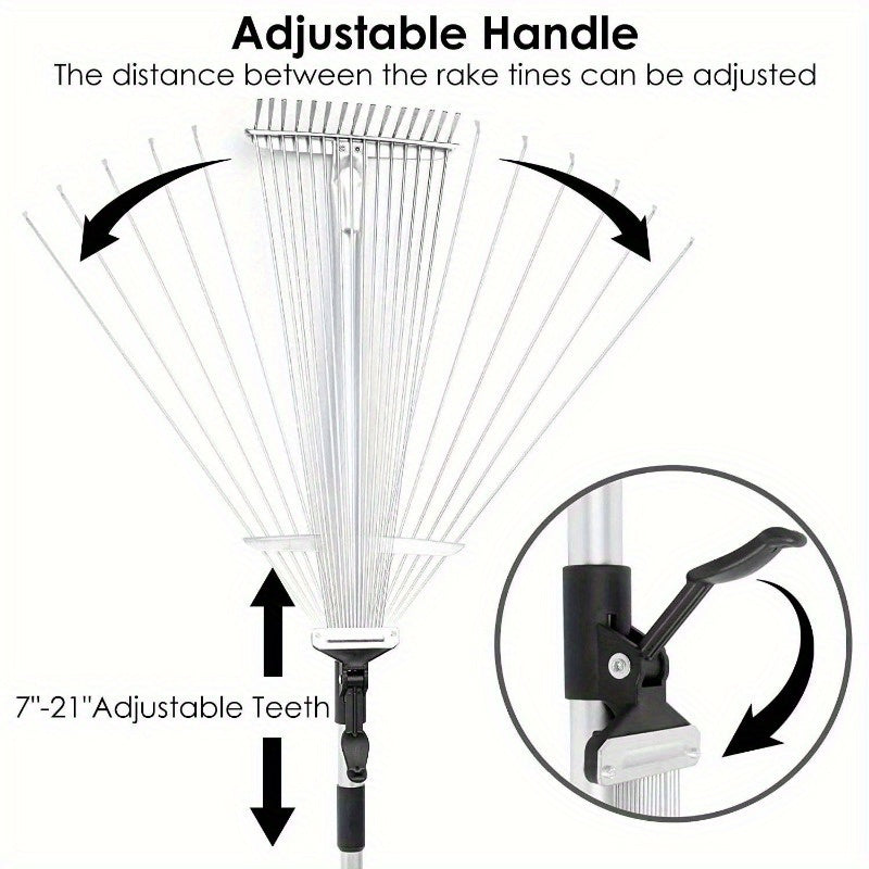 63 Inch Expandable Garden Leaf Rake Adjustable Stainless Steel Lawn Cleaning Tool