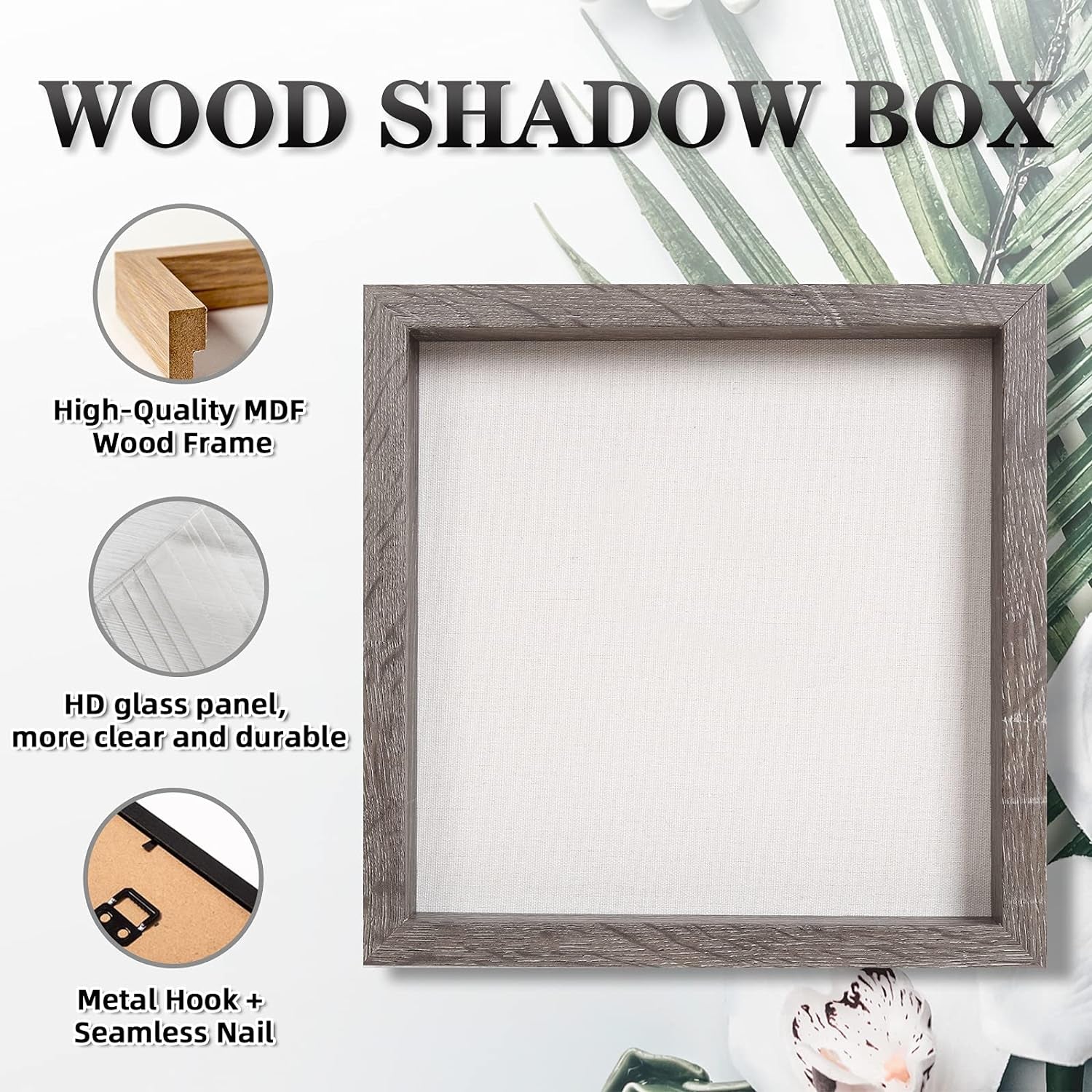 8X8 Shadow Box Picture Frame with Linen Board Deep Wood Glass Display Case Memory Box Baby Sports Memorabilia, Pins, Awards, Medals, Wedding, Tickets and Photos (Grain Gray)