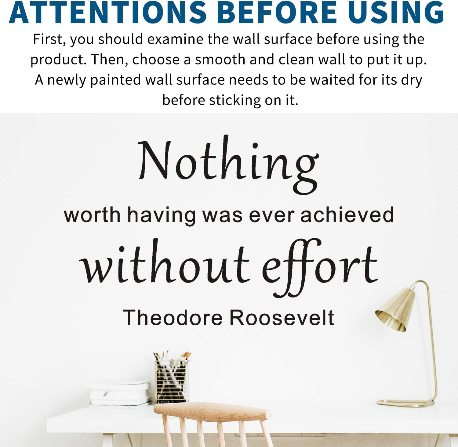 Quote Wall Decals, Office Wall Decals, Inspirational Gym Classroom Bedroom Art Decor Vinyl Stickers Nothing Worth Having Was Ever Achieved without Effort President Theodore Roosevelt 27.5"X16"