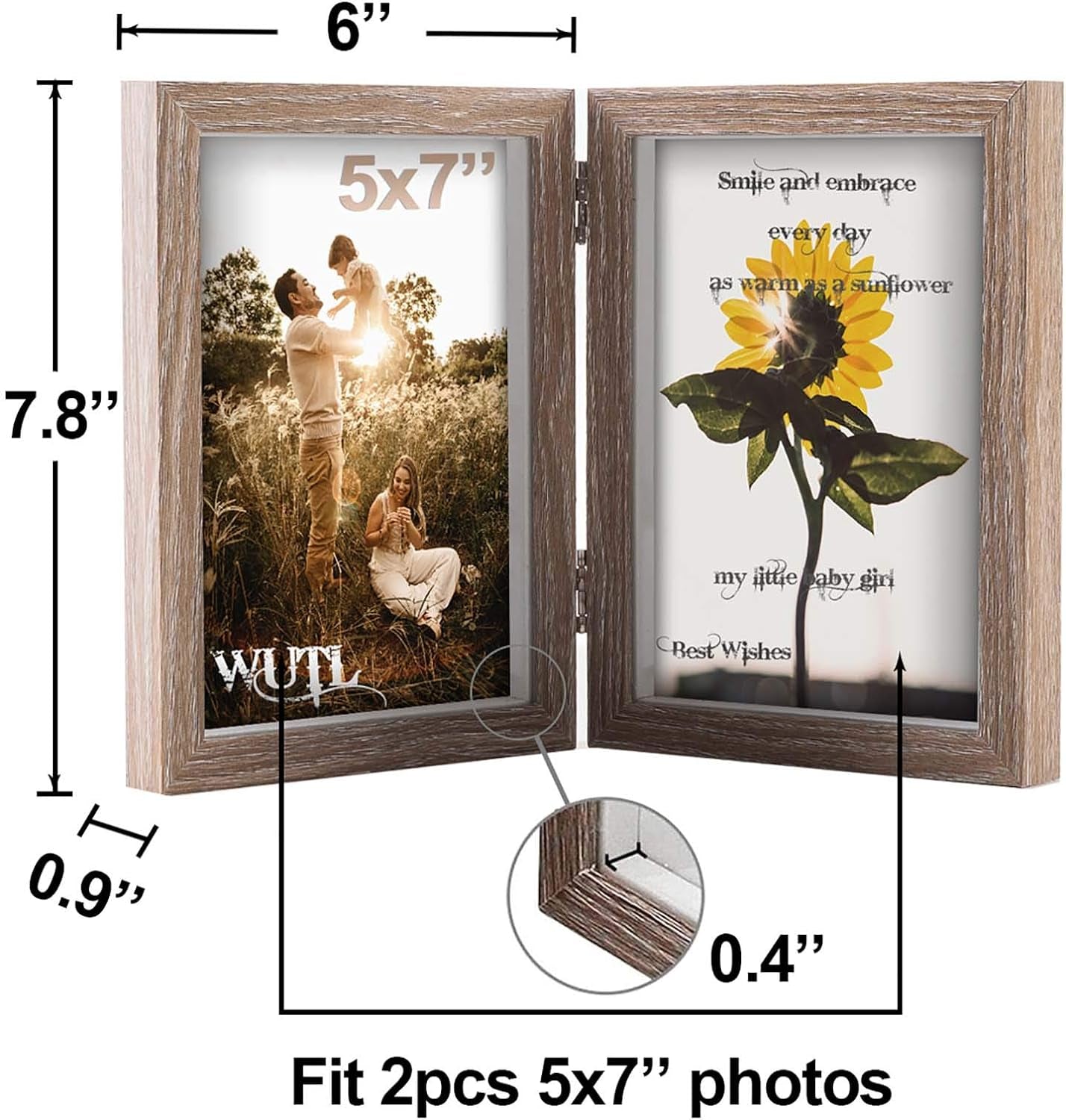 5X7 Picture Frames Double Hinged MDF Wood Grain Shadow Box with Glass Front Stand Vertical on Tabletop