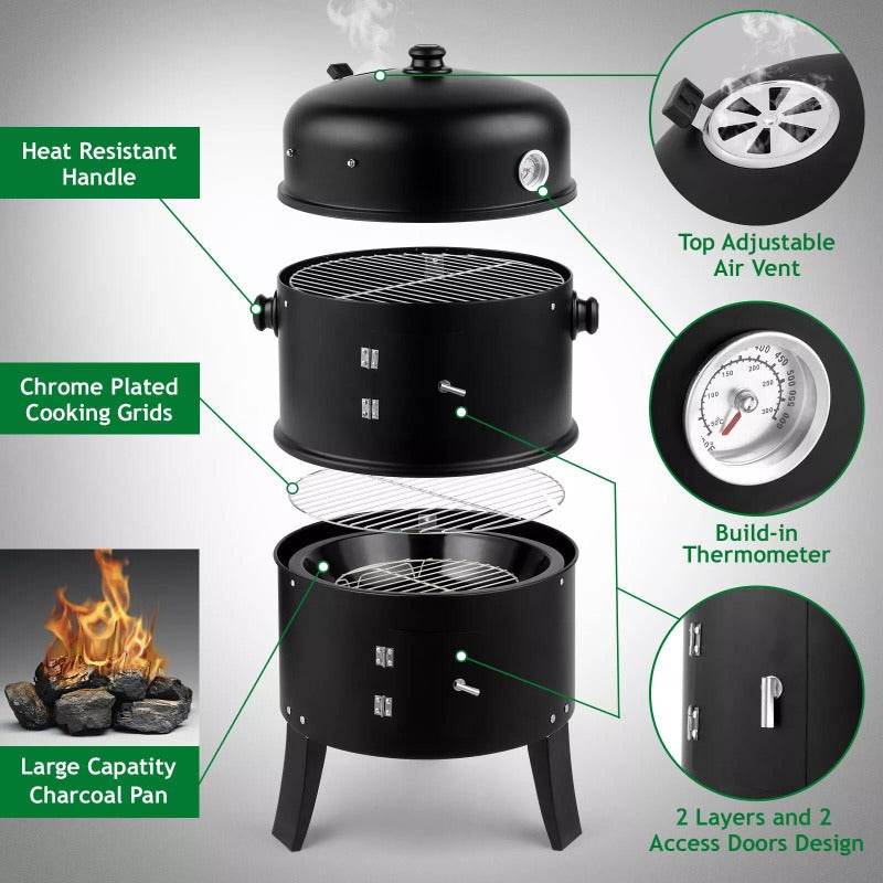 3 in 1 Outdoor Vertical Smoker Portable Meat Cooker Charcoal Smoking Grill