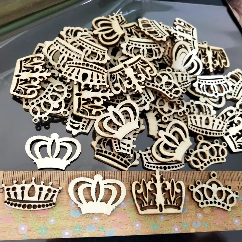 50Pcs Wooden Embellishments Flower Butterfly Shape Cutouts DIY Scrapbooking Crafts Wooden Crown Pieces Discs Wood Slice Ornament