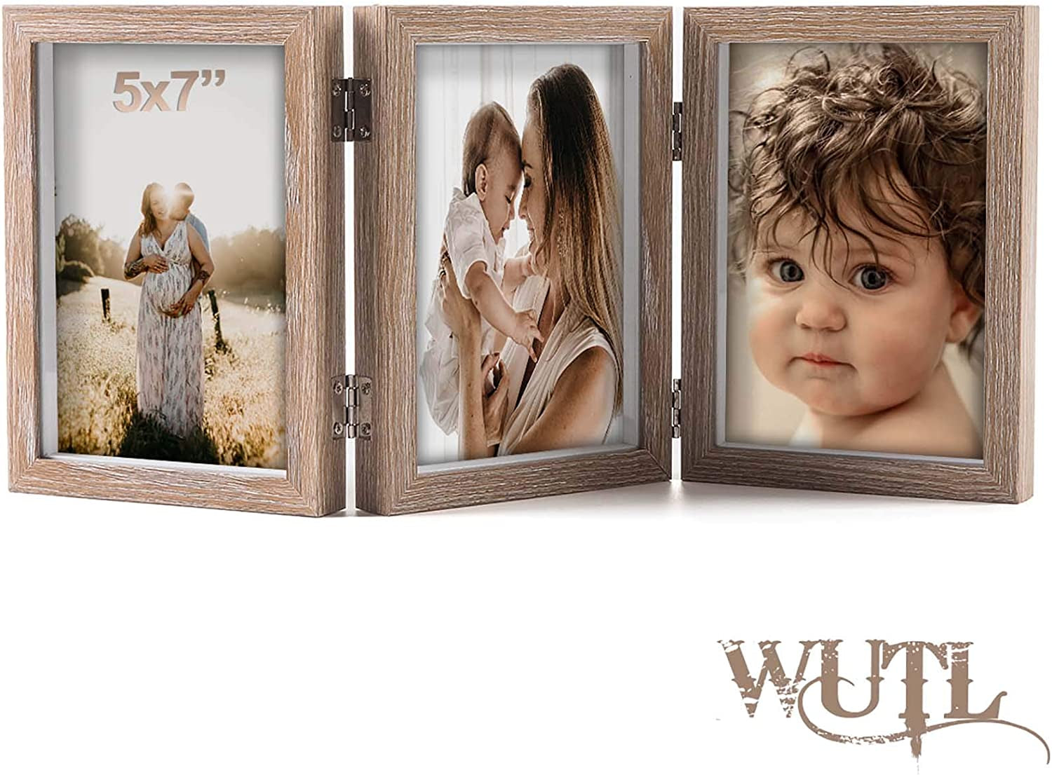 5X7 Triple Hinged Picture Frames Shadow Box MDF Wood Grain with Real Glass 3 Vertical Opening Family Lover Gift