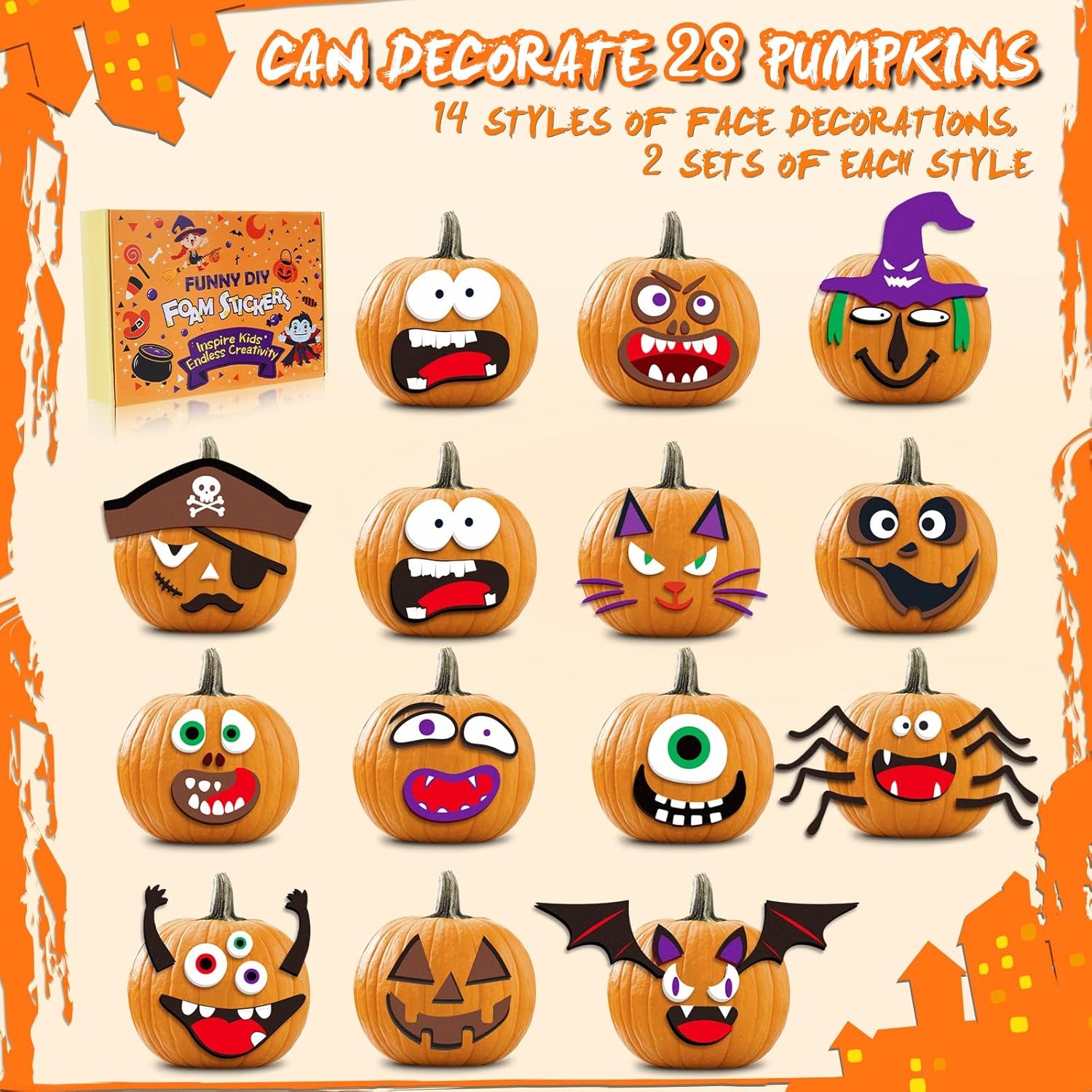 Pumpkin Decorating Kit Foam Stickers - Halloween Pumpkin Face Stickers Decorations for Kids 14 Designs Make 28 Pumpkins DIY 3D Crafts Kits Halloween Birthday Gifts for Kids Toddlers No Carving