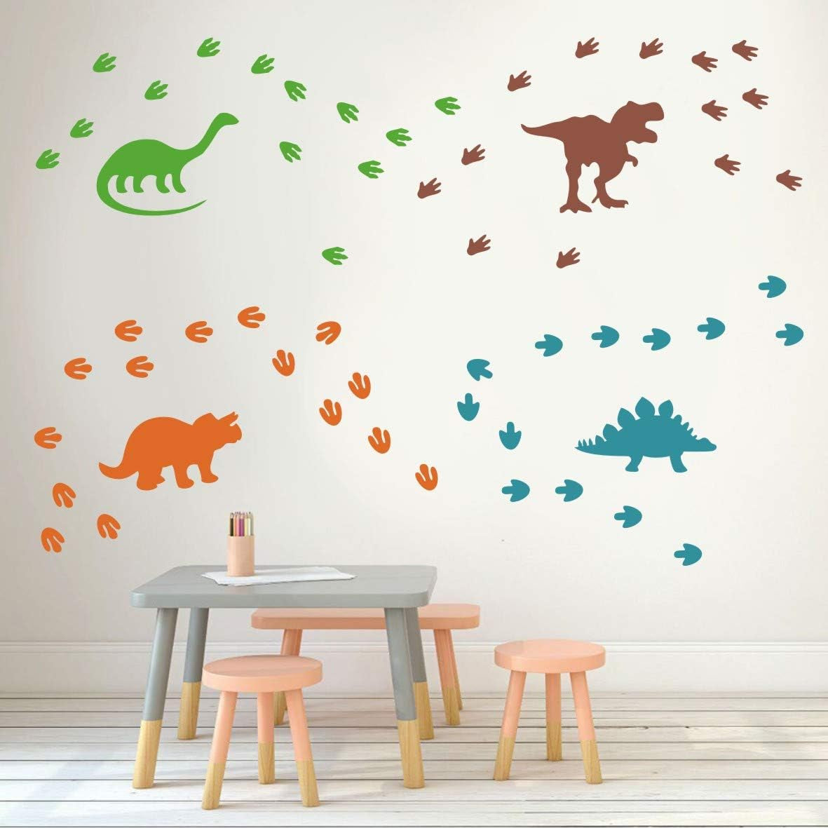 Dinosaurs Wall Decal Dinosaur Footprints&Tracks Stickers Vinyl Wall Art for Boys&Girls Kids Bedroom Nursery Room Wall Decor Murals AG01 (4 Colors Mix)