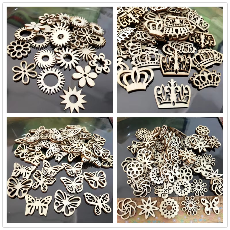 50Pcs Wooden Embellishments Flower Butterfly Shape Cutouts DIY Scrapbooking Crafts Wooden Crown Pieces Discs Wood Slice Ornament