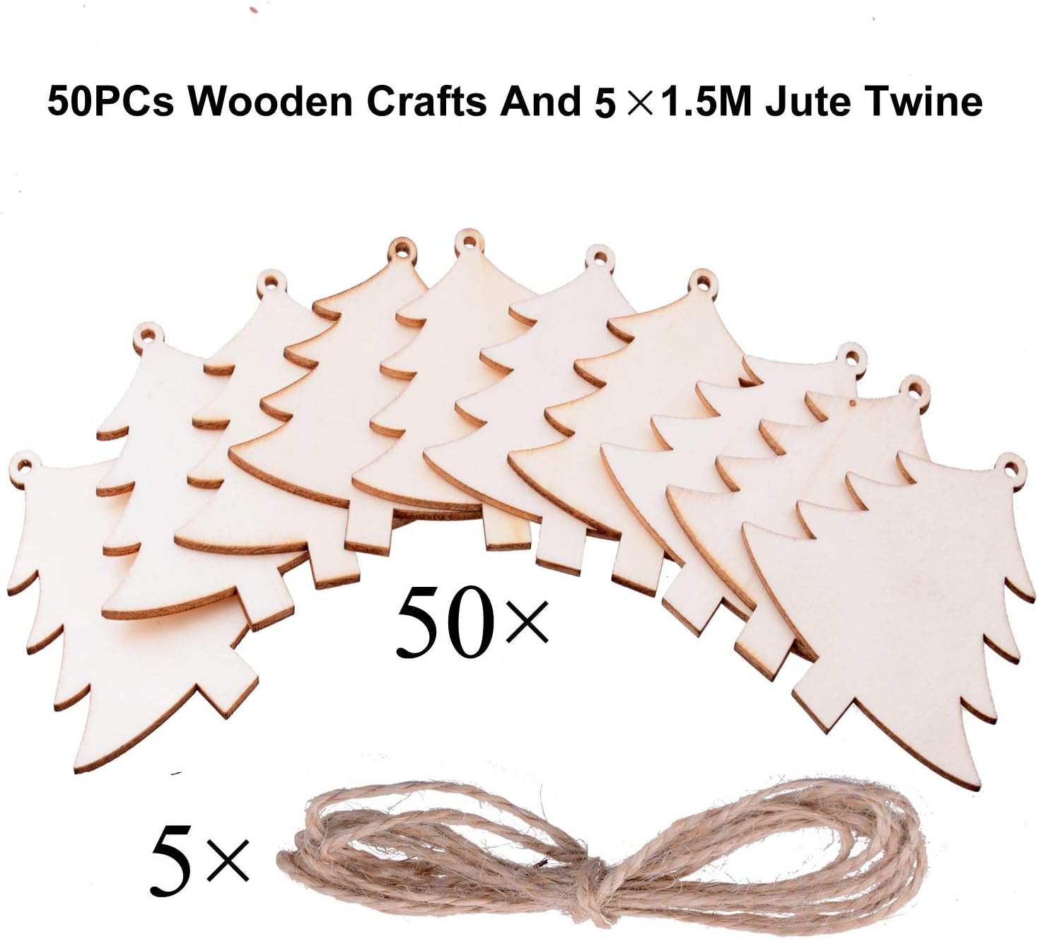 Pack of 50 Wooden Crafts to Paint 3 Inch Christmas Tree Hanging Ornaments Unfinished Wood Cutouts Christmas Decoration DIY Crafts (Wooden Christmas Tree Cutouts)