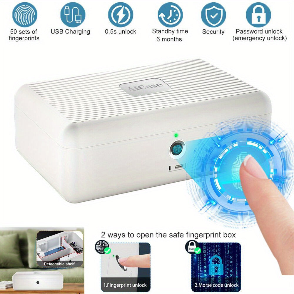 Biometric Fingerprint Storage Box – Portable Security Safe for Cash, Jewelry, & Phones with Morse Code & USB Rechargeable Lock