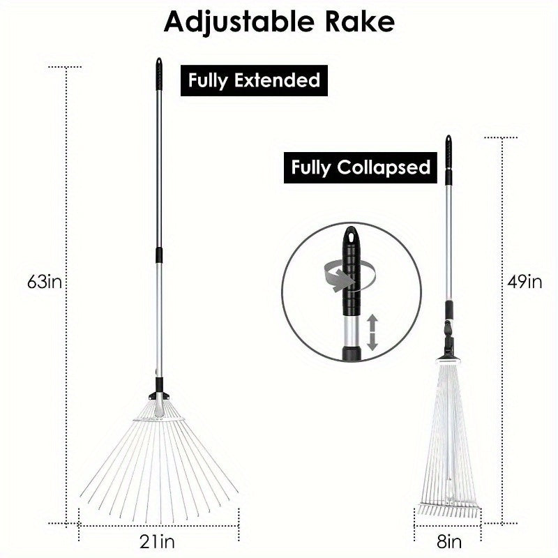 63 Inch Expandable Garden Leaf Rake Adjustable Stainless Steel Lawn Cleaning Tool