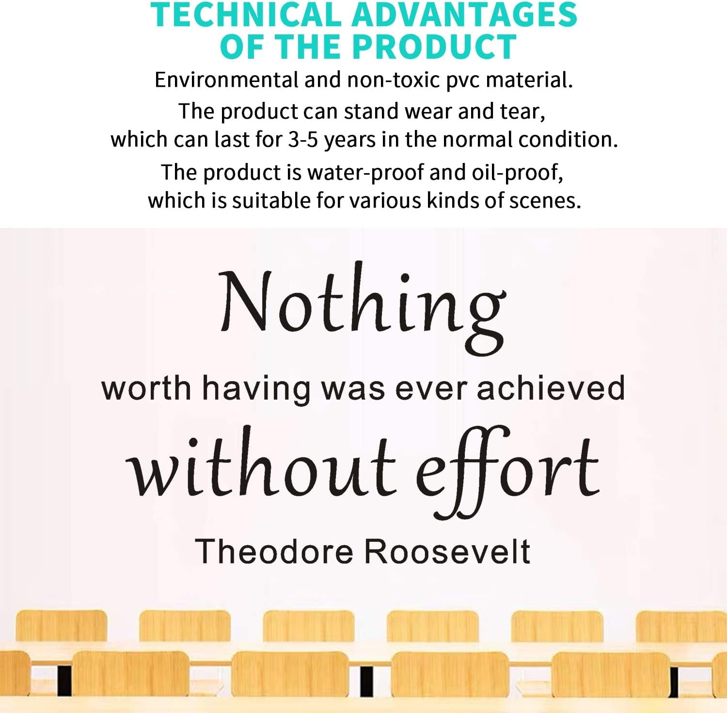 Quote Wall Decals, Office Wall Decals, Inspirational Gym Classroom Bedroom Art Decor Vinyl Stickers Nothing Worth Having Was Ever Achieved without Effort President Theodore Roosevelt 27.5"X16"