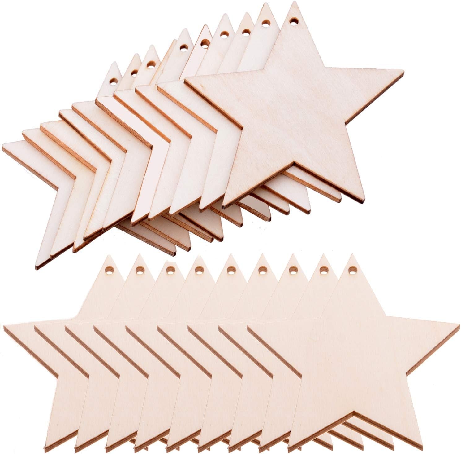 Pack of 50 Wooden Crafts to Paint 3 Inch Christmas Tree Hanging Ornaments Unfinished Wood Cutouts Christmas Decoration DIY Crafts (Wooden Star Cutouts)