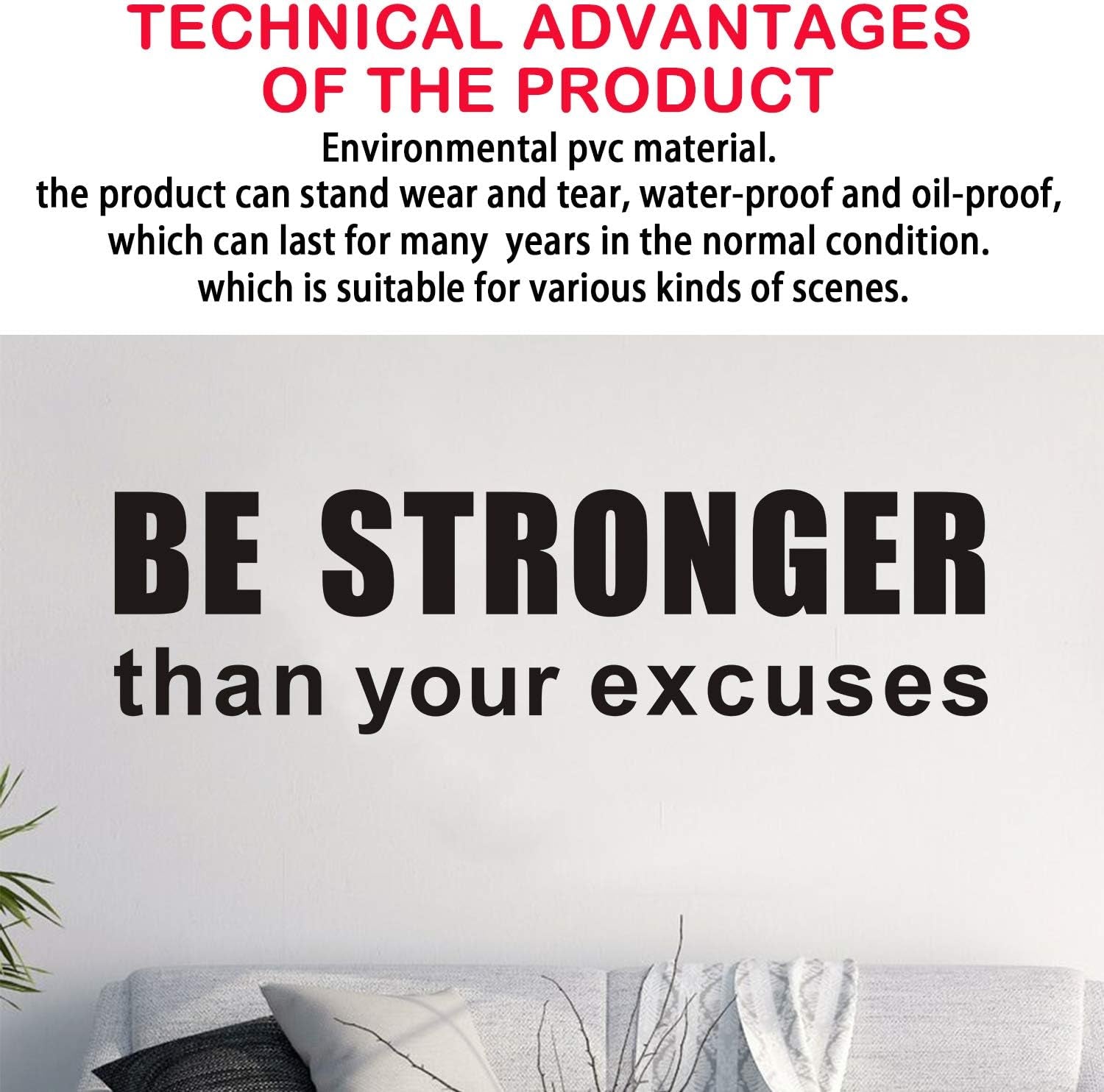 Quote Wall Decals, Gym Wall Decal, Inspirational Living Room Bedroom Motivation Workout Fitness Sports Exercise Boys Girls Vinyl Art Home Decor Stickers Be Stronger than Your Excuses