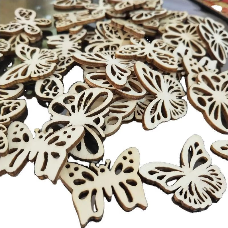 50Pcs Wooden Embellishments Flower Butterfly Shape Cutouts DIY Scrapbooking Crafts Wooden Crown Pieces Discs Wood Slice Ornament