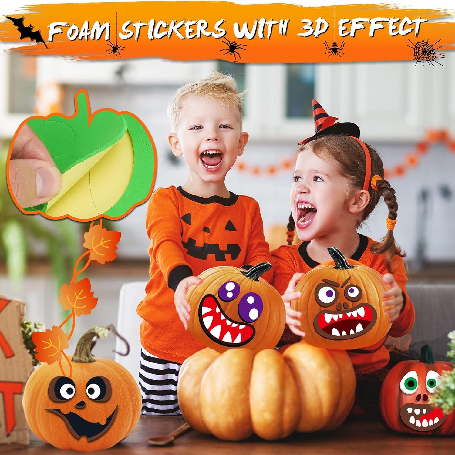 Pumpkin Decorating Kit Foam Stickers - Halloween Pumpkin Face Stickers Decorations for Kids 14 Designs Make 28 Pumpkins DIY 3D Crafts Kits Halloween Birthday Gifts for Kids Toddlers No Carving