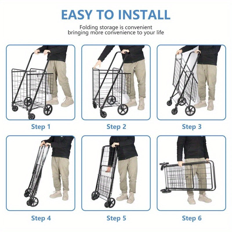 Folding Shopping Cart Utility Cart with Double Basket and Swivel Wheels