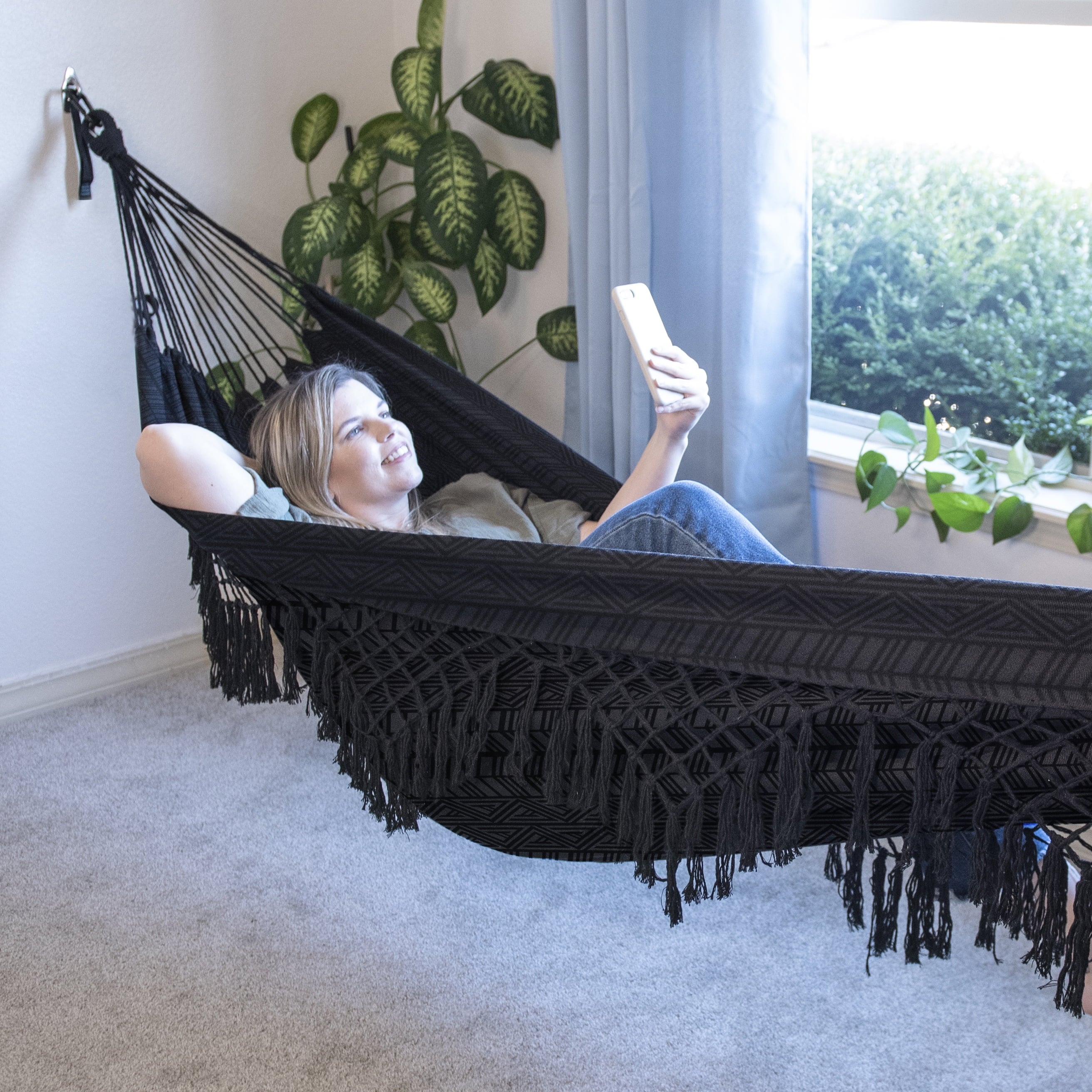 Black Polyester Jacquard Macramé Hammock with Indoor Hanging Kit Bundle, Open Size 81" L X 59" W