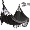 Black Polyester Jacquard Macramé Hammock with Indoor Hanging Kit Bundle, Open Size 81" L X 59" W