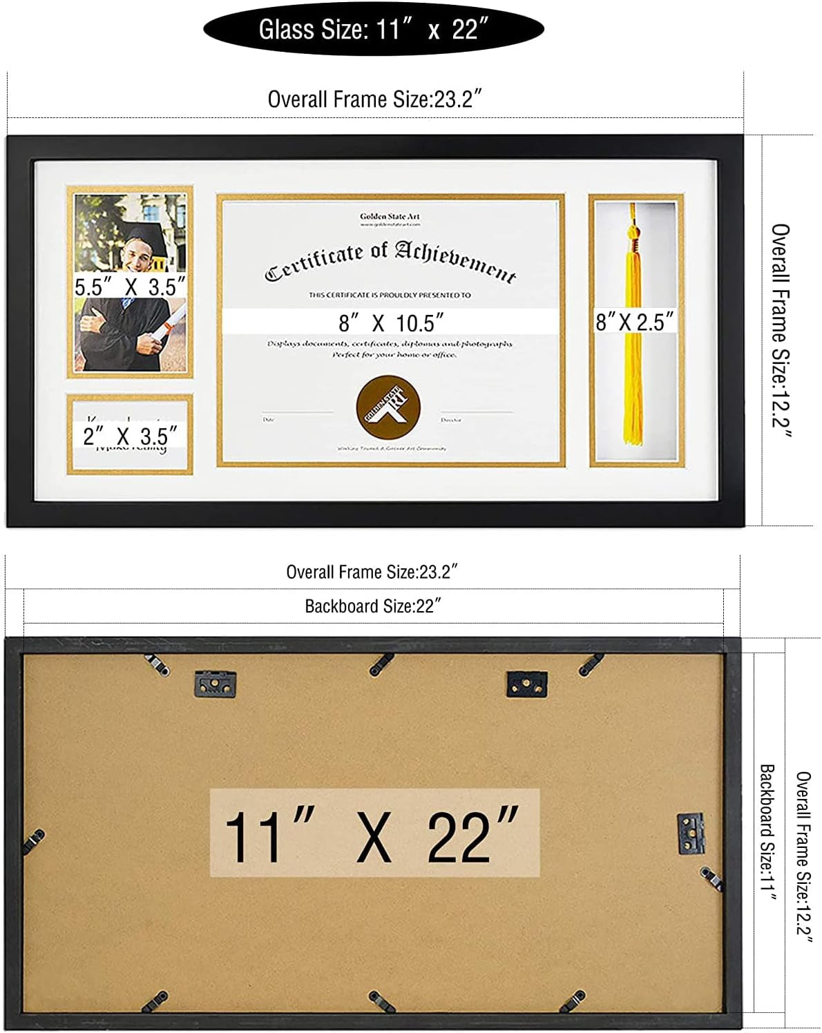 , Wood Diploma Tassel Shadow Box 11X22 Frame for 8.5X11 Document/Certificate & 4X6 Photo, with Double Mat (White over Gold), Tassel Holder & Real Glass, Black