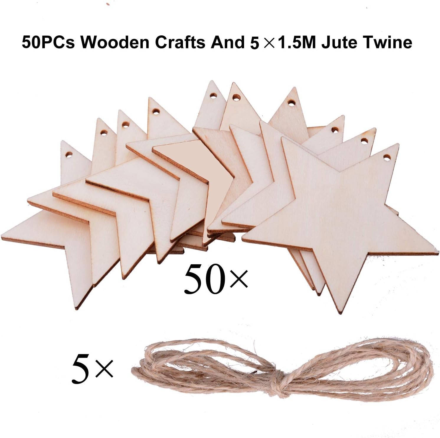 Pack of 50 Wooden Crafts to Paint 3 Inch Christmas Tree Hanging Ornaments Unfinished Wood Cutouts Christmas Decoration DIY Crafts (Wooden Star Cutouts)