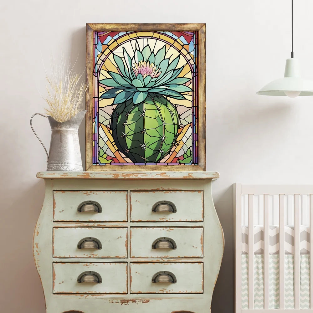 Diamond Painting Kits for Adults, 5D DIY Diamond Art Kit for Beginners, Full Diamond Diamond Painting Kit for Home Wall Decoration, Stained Glass Cactus Flower 12X16 Inches