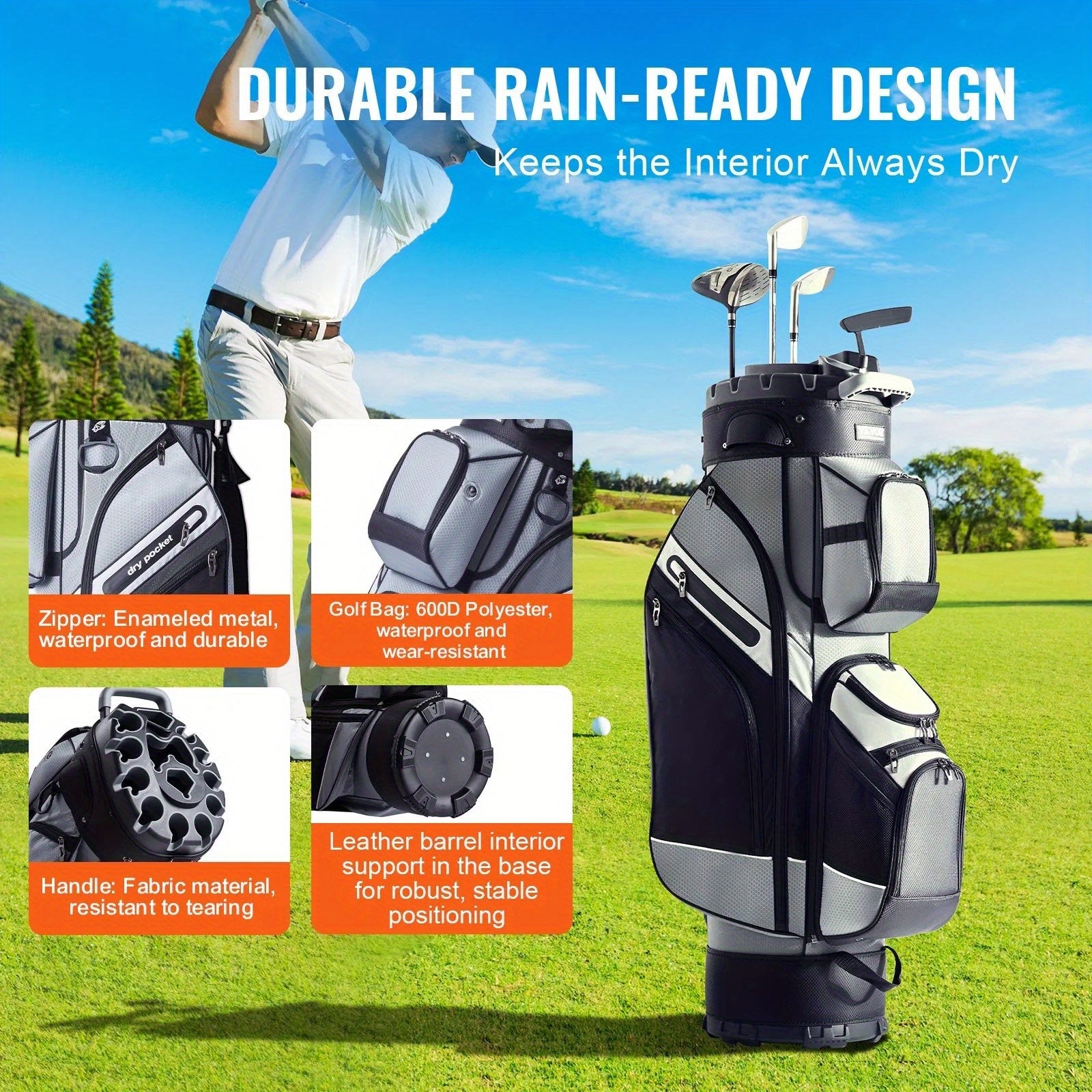14-Way Golf Cart Bag, 41" Premium Nylon with 13 Pockets & Dust Cover, Black