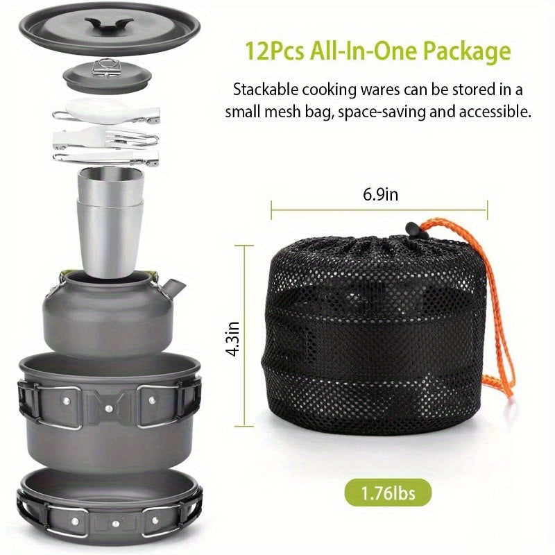 12Pcs Camping Cookware Set Camping Survival Stove Pot Pans Kit Portable Mess Kit