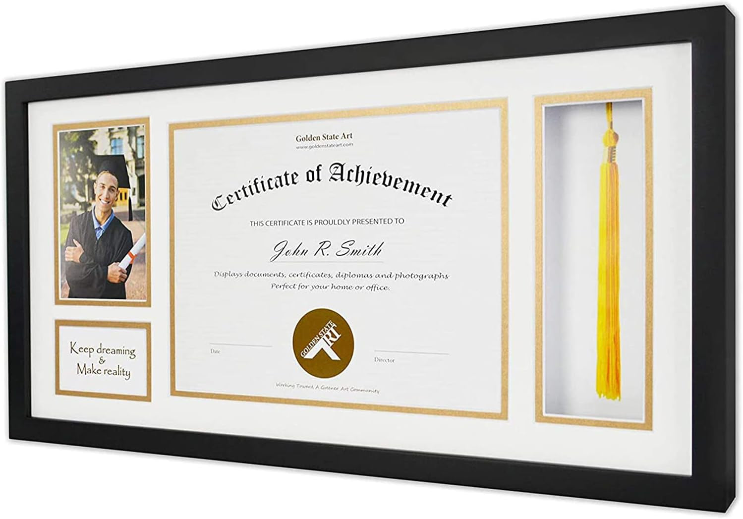 , Wood Diploma Tassel Shadow Box 11X22 Frame for 8.5X11 Document/Certificate & 4X6 Photo, with Double Mat (White over Gold), Tassel Holder & Real Glass, Black