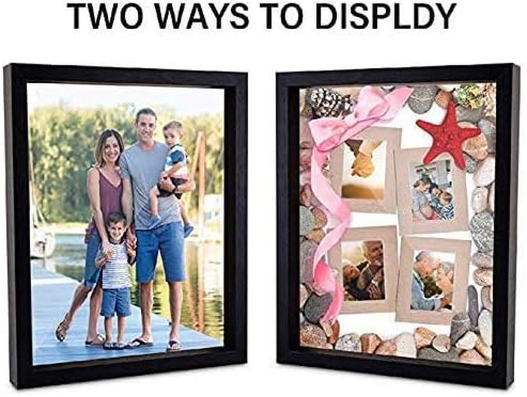 Shadow Box Picture Frame with Linen Board Deep Wood Glass Display Case Ready to Hang Memory Box Baby Sports Memorabilia, Pins, Awards, Medals, Wedding, Tickets and Photos (Black, 2Pcs 8X8)