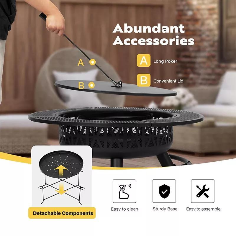 35'' Fire Pit w/ Cooking Grill Grate, Charcoal Pan & Cover Wood Burning Firepits