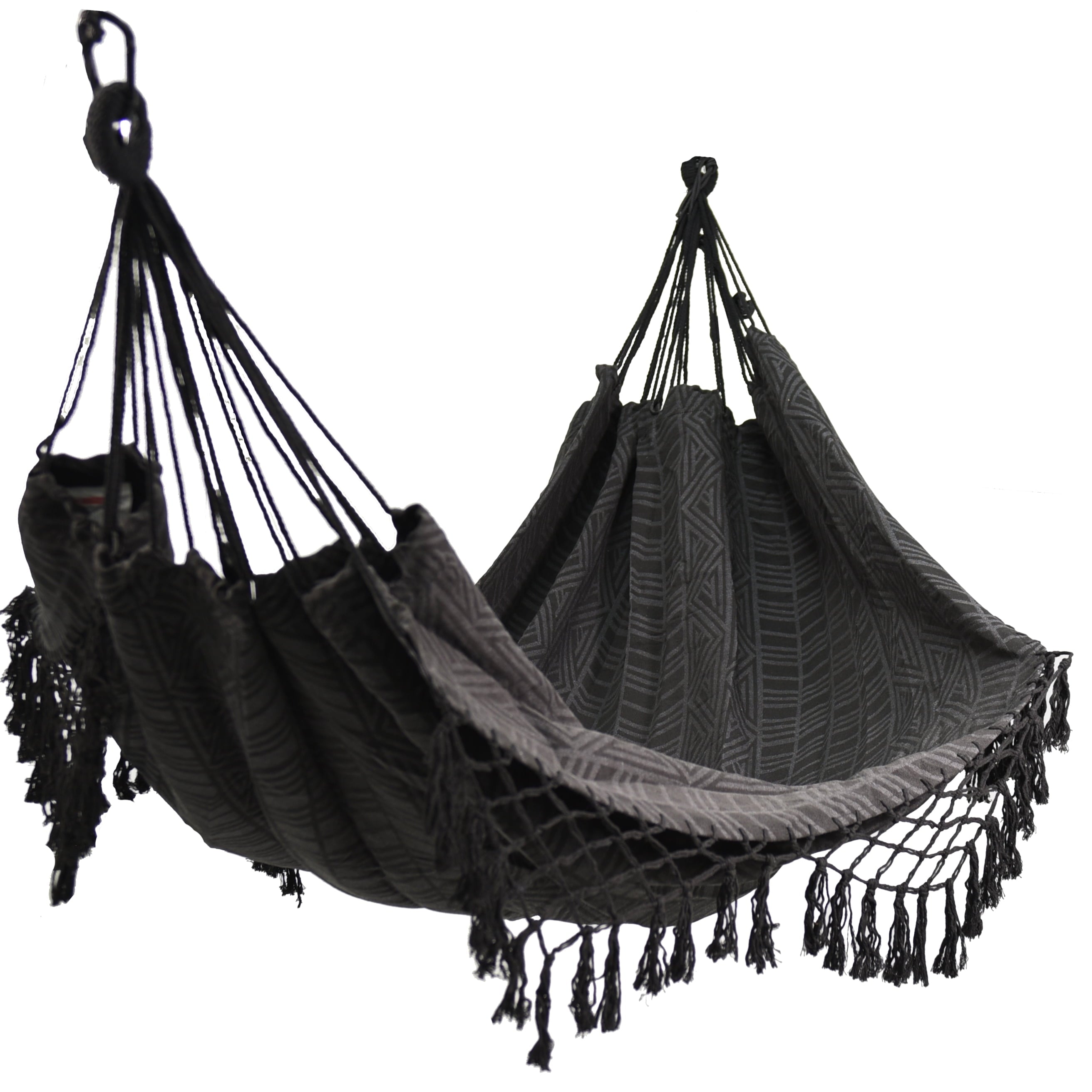 Black Polyester Jacquard Macramé Hammock with Indoor Hanging Kit Bundle, Open Size 81" L X 59" W