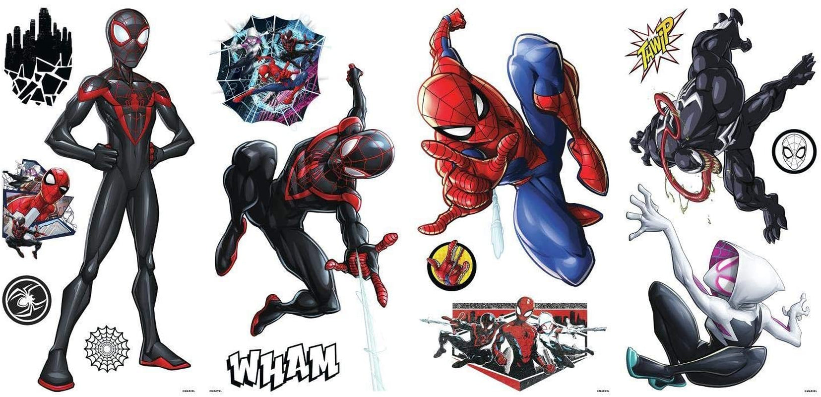 Spider-Man Miles Morales Peel and Stick Wall Decals, Black, Red, Blue, Purple Kids Room Spiderman Stickers