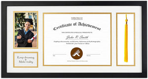 , Wood Diploma Tassel Shadow Box 11X22 Frame for 8.5X11 Document/Certificate & 4X6 Photo, with Double Mat (White over Gold), Tassel Holder & Real Glass, Black