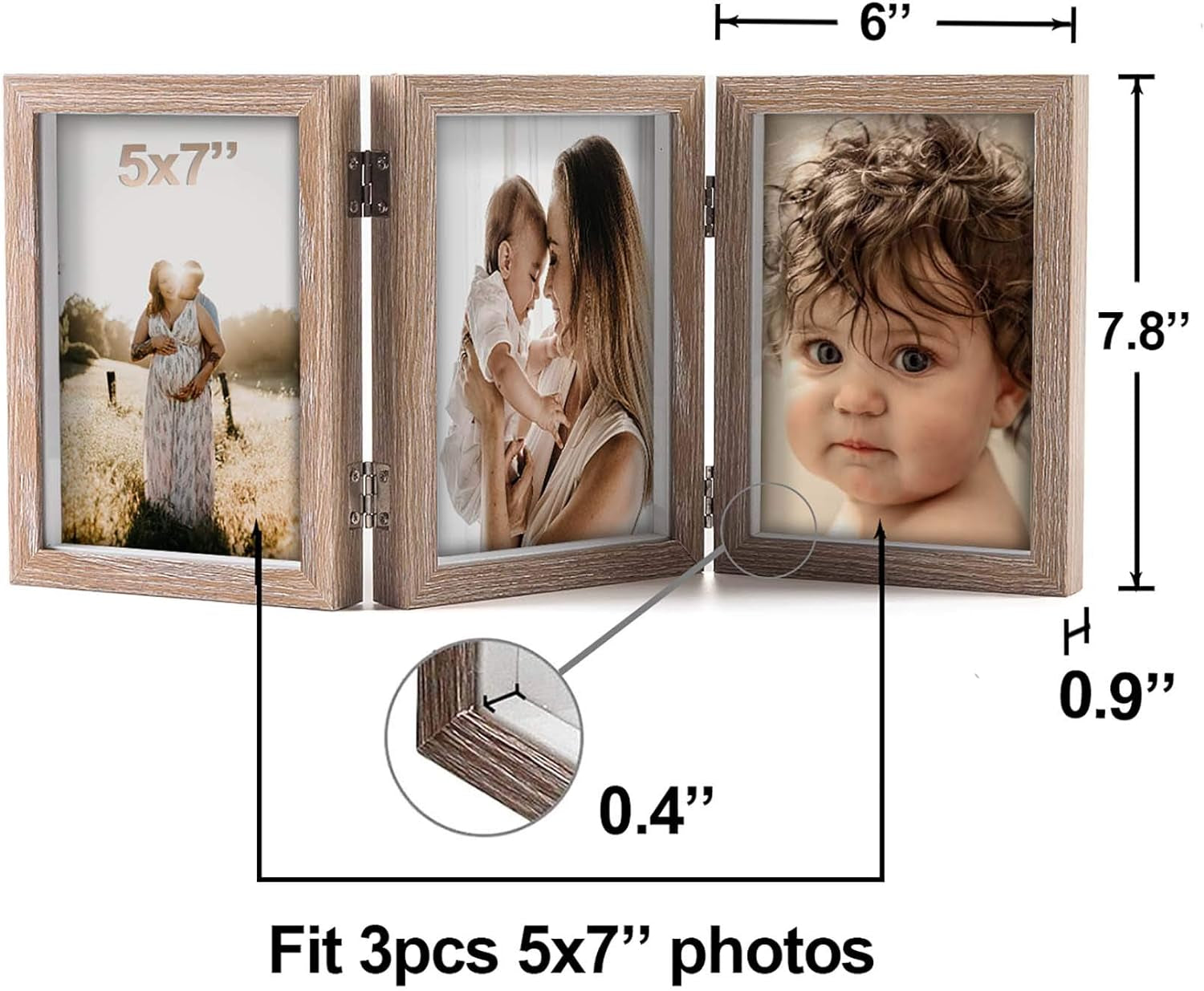 5X7 Triple Hinged Picture Frames Shadow Box MDF Wood Grain with Real Glass 3 Vertical Opening Family Lover Gift