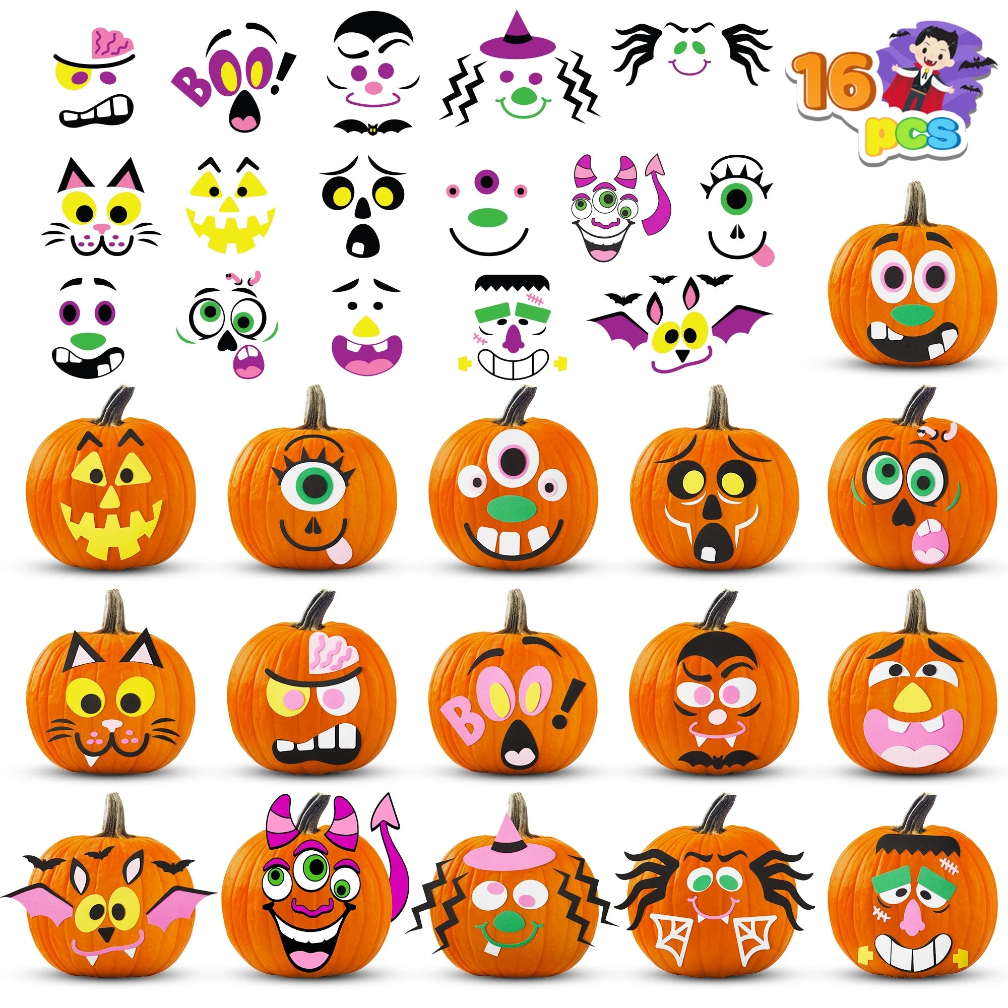 16 Pcs Halloween Pumpkin Decorations Kit for Kids,Foam Pumpkin Face Stickers Halloween Party Supplies Halloween Favors Pumpkin Painting Kit