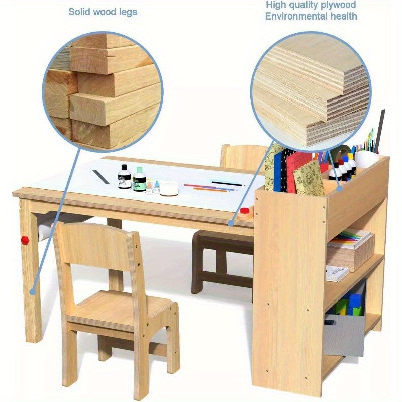 Kids Art Table and Chairs Set Craft Table with Large Storage Shelves Drawing Desk Activity Study Wooden Children's Furniture