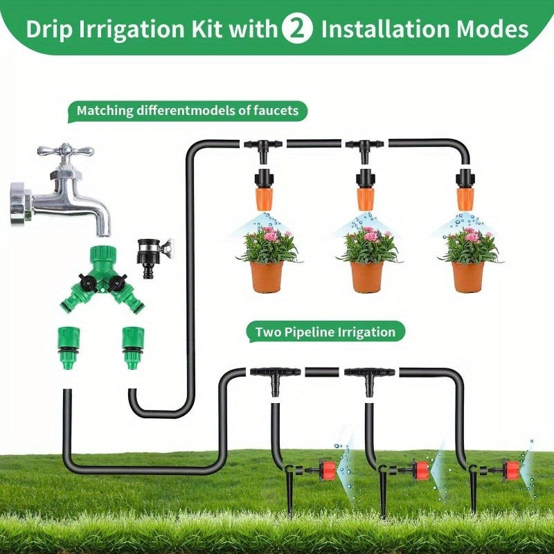 164FT Drip Irrigation Kit Automatic Garden Irrigation System Misting Plant Watering Drip Kit for Garden Greenhouse Flower Bed Patio Lawn