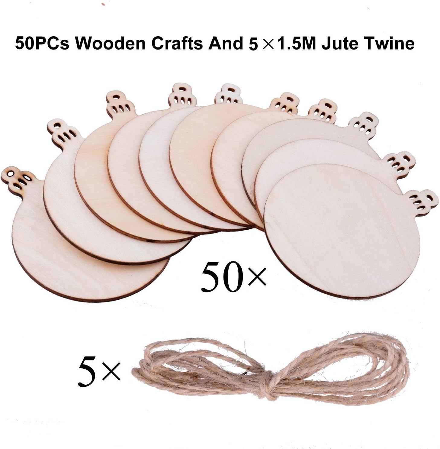 Pack of 50 Wooden Crafts to Paint 2.75 Inch Christmas Tree Hanging Ornaments Unfinished Wood Cutouts Christmas Decoration DIY Crafts (Wooden round Cutouts)