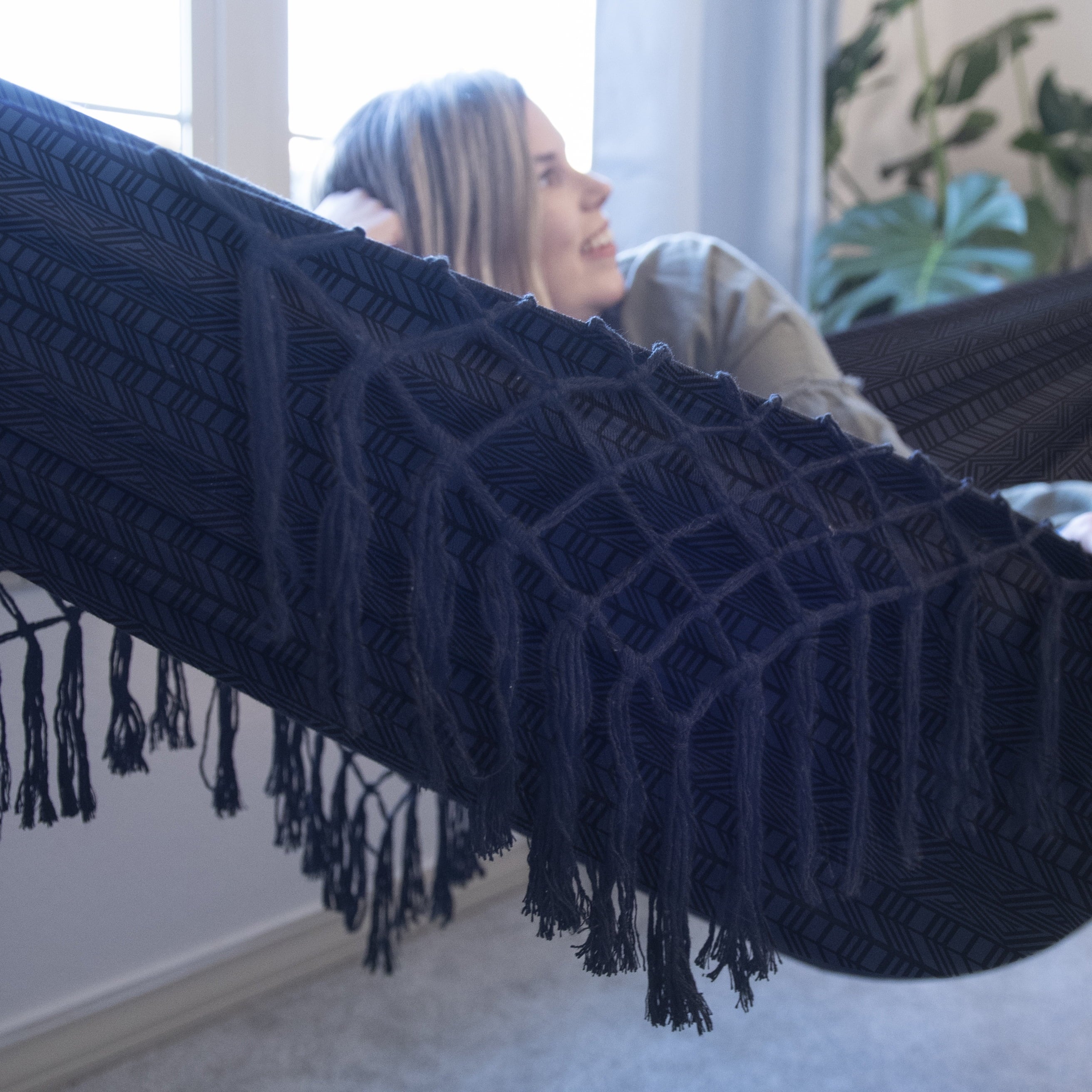 Black Polyester Jacquard Macramé Hammock with Indoor Hanging Kit Bundle, Open Size 81" L X 59" W