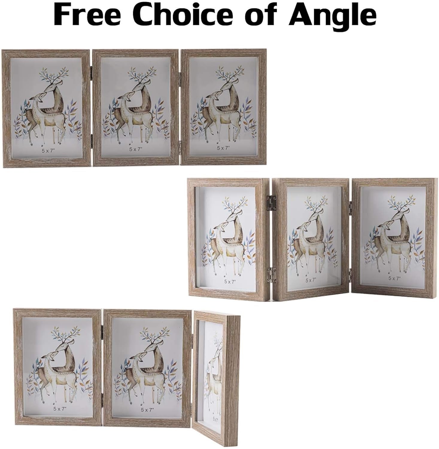 5X7 Triple Hinged Picture Frames Shadow Box MDF Wood Grain with Real Glass 3 Vertical Opening Family Lover Gift