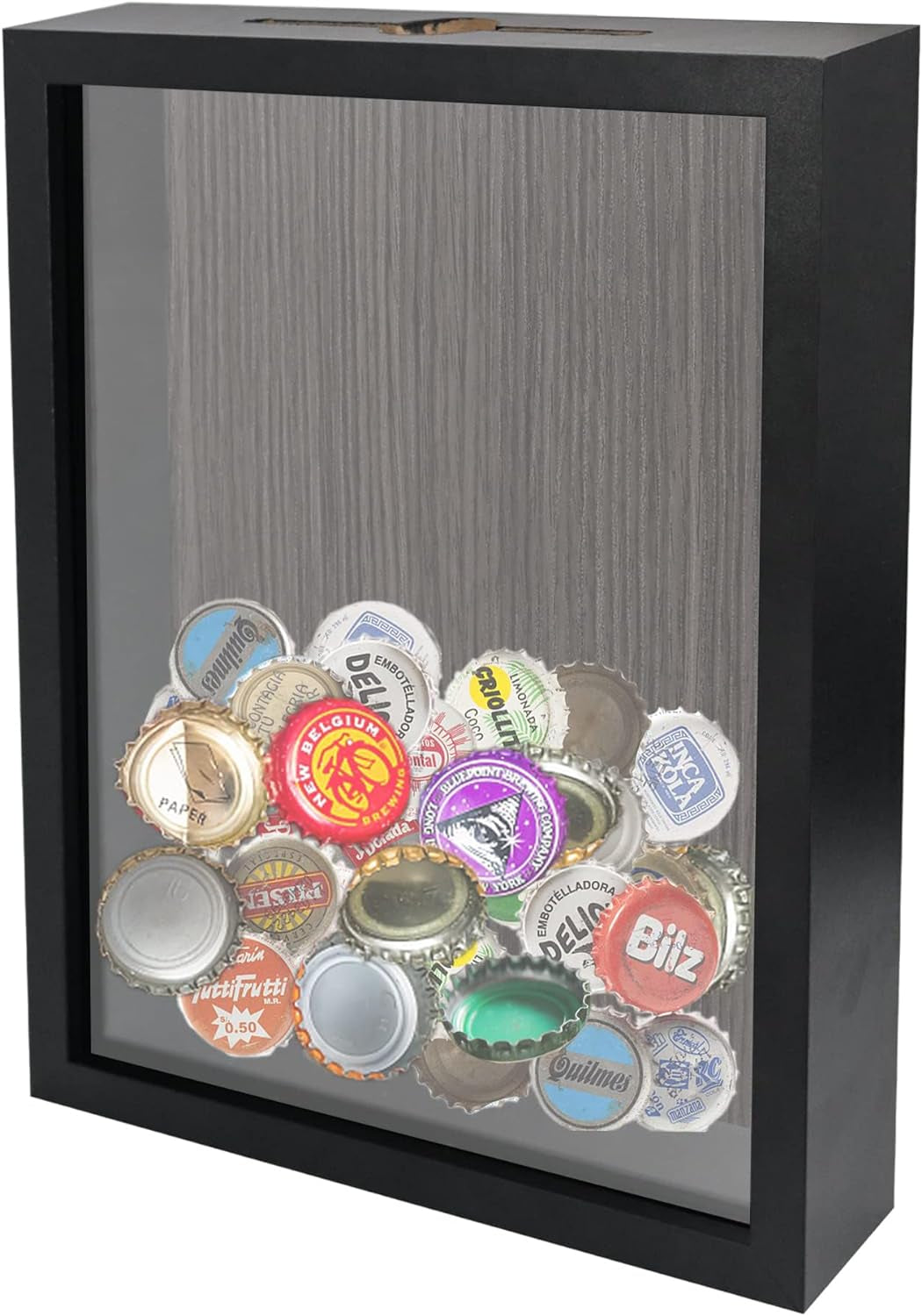 8X10 Top Loading Shadow Box Frame with HD Glass,Wood Display Case with Slot,1.25 Inches Interior Depth,Ideal for Wine Bottle Caps,Tickets,Shells,Stamps and More,Black