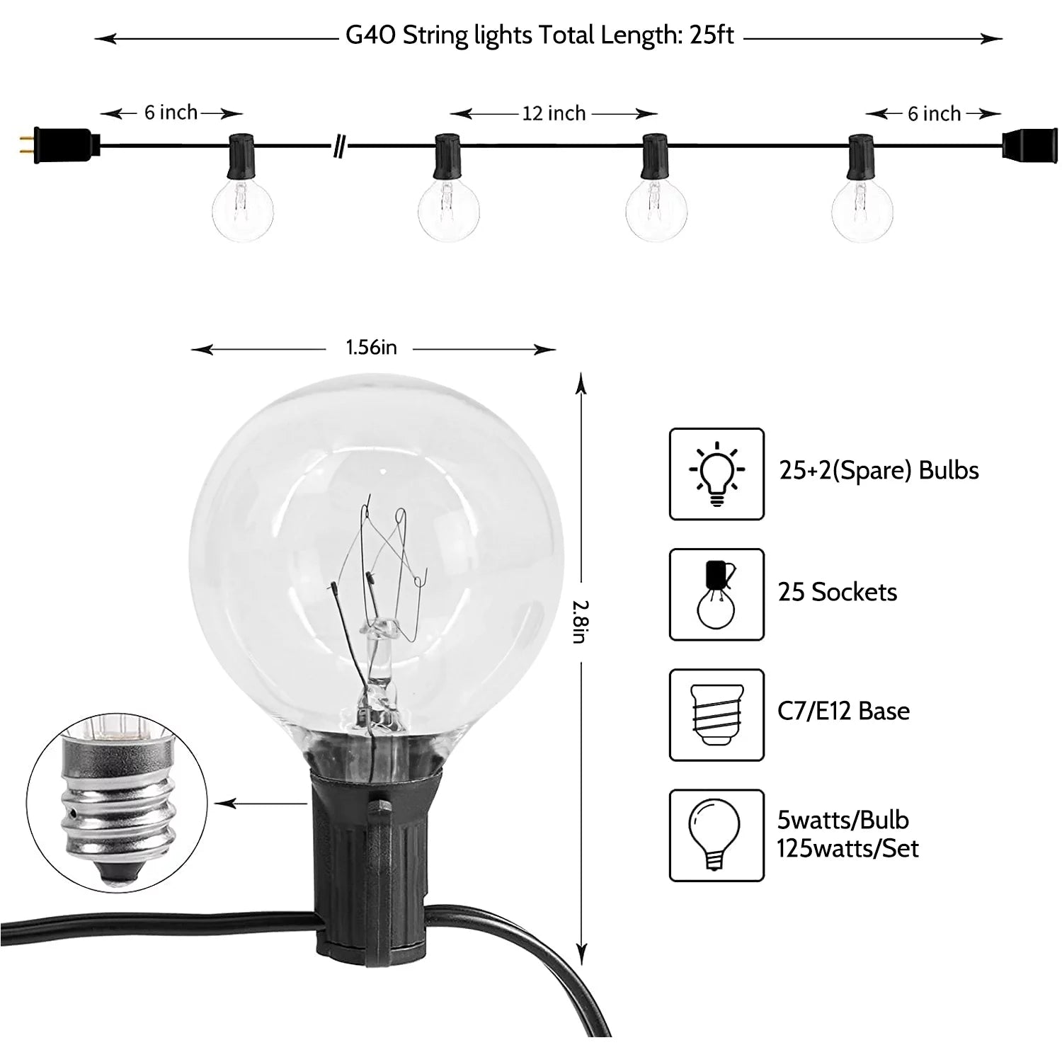 Outdoor String Lights, 25FT String Lightsg40 Globe with 27 Shatterproof Waterproof Bulbs,Hanging Lights Patio Decor for Backyard Porch Party Garden Wedding Outdoor Indoor Decor